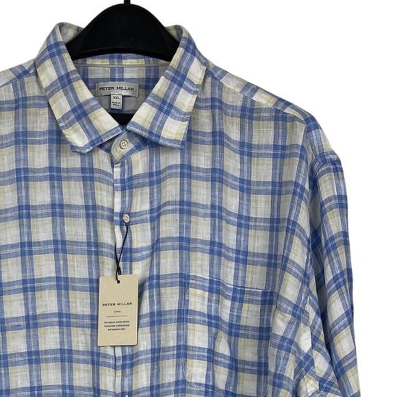 NEW Peter Millar Crown Edisto Linen Sport‎ Shirt Mens XXL Long Sleeve Blue Plaid